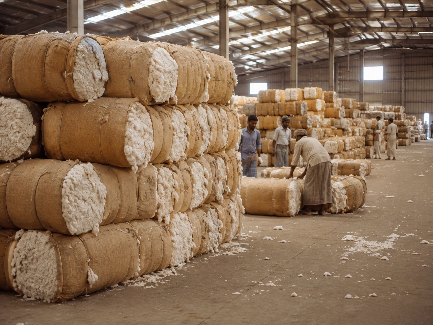 Bales of raw cotton stacked in a warehouse, ready for export