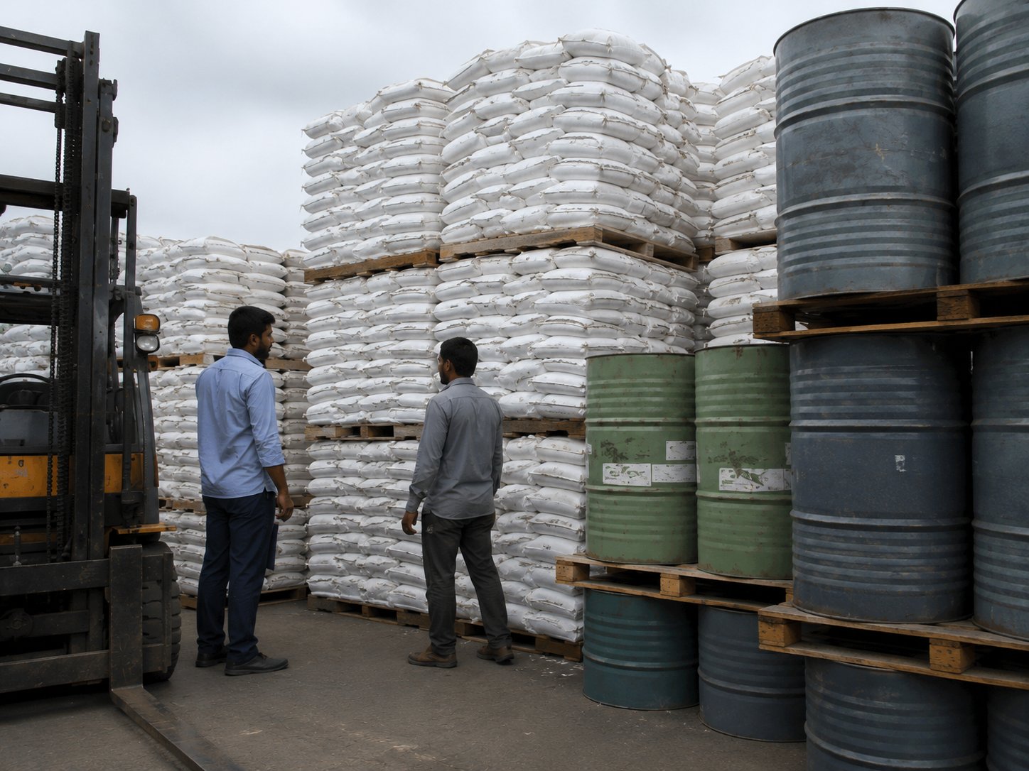 Industrial sacks and drums stacked in a warehouse, ready for export